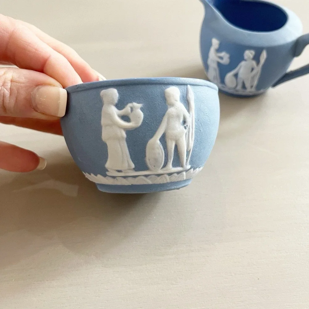 Vintage Wedgwood England Blue Jasperware Creamer and Sugar Bowl Set
